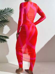 SHEIN Swim Shayni 夏季女士保守时尚度假布基尼泳衣套装，拉链变形格子印花上衣，长裤和网眼长裙泳衣阿拉伯服装 - 彩色 - 查看 2