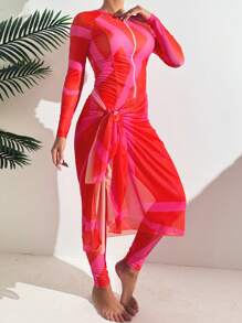 SHEIN Swim Shayni 夏季女士保守时尚度假布基尼泳衣套装，拉链变形格子印花上衣，长裤和网眼长裙泳衣阿拉伯服装 - 彩色 - 查看 7