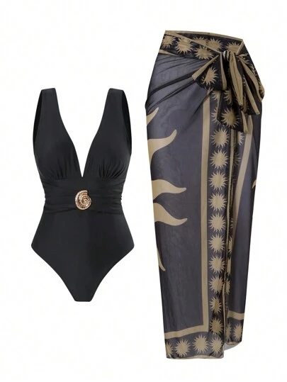 Swim Oasis Women 2pcs/Set Solid Black One-Piece Swimsuit & Mesh Placement Print Maxi Skirt Beach Vacation Swimwear Set Summer