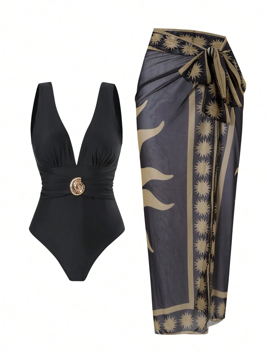 Swim Oasis 女士两件套/组 纯黑色连体泳衣和网纱拼接印花长裙 沙滩度假泳装套装 夏季 - 黑色 - 查看 1