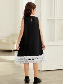 SHEIN Leap Crew Vestido eleg en blanco y negro con lazo y plisado en la Bottom para niñas preadolescentes - Negro - Ver 2