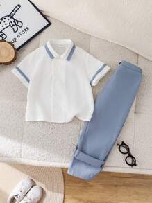 2 件套年轻男孩学院风拼布撞色领双排扣短袖衬衫和裤子绅士装，适合儿童装、男孩服装、返校、校服、幼儿园、生日派对、晚会、婚礼、洗礼、毕业典礼