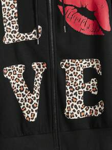 ROMWE J-Fashion Y2K Babe Style I LOVE LEOPARD Leopard Print Patchwork Hoodie - Black - View 2
