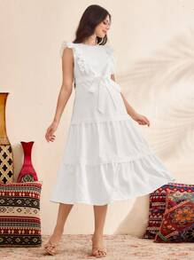 SHEIN 孕妇纯色圆领盖袖撞色蕾丝优雅连衣裙