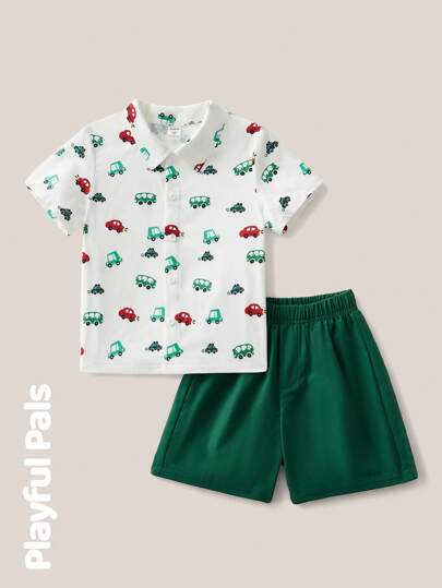 SHEIN 2pcs Boys Cartoon Dinosaur Print Shirt & Contrast Color Shorts Sets, Cute/Vintage/Casual Suits For School And Outdoor Play, Spring/Summer