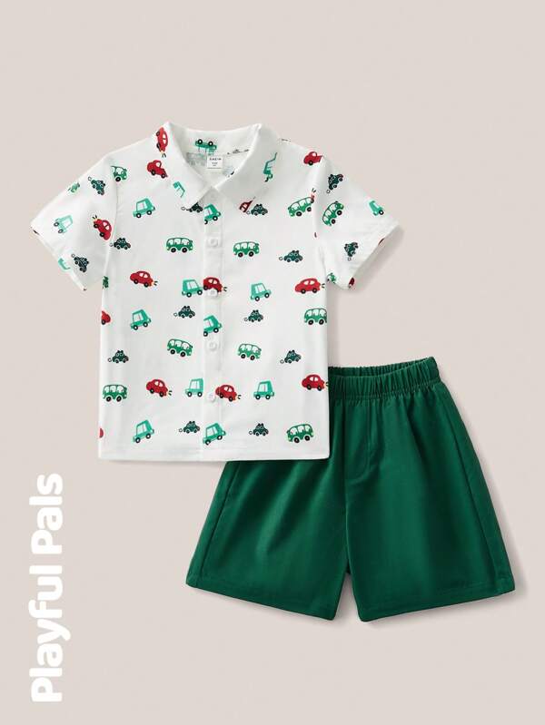 SHEIN 2 bucăți băieți desene animate cu imprimeu dinozaur seturi de cămașă și pantaloni scurți de culoare contrastantă, costume drăguțe/de epocă/ocazionale pentru școală și joacă în aer liber, primăvară/vară