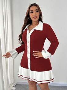 SHEIN Unity Plus Size Women's Knitted Color Block Sweater Dress With Ruffle Hem & Button Detail, Elegant, Autumn/Winter - Red - View 6