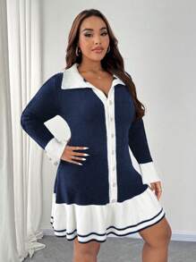 SHEIN Unity Plus Size Women Knit Color Block Sweater Dress With Ruffle Hem And Button Decor, Elegant Dress For Autumn/Winter Fall Cloth For Women - Blue - View 4