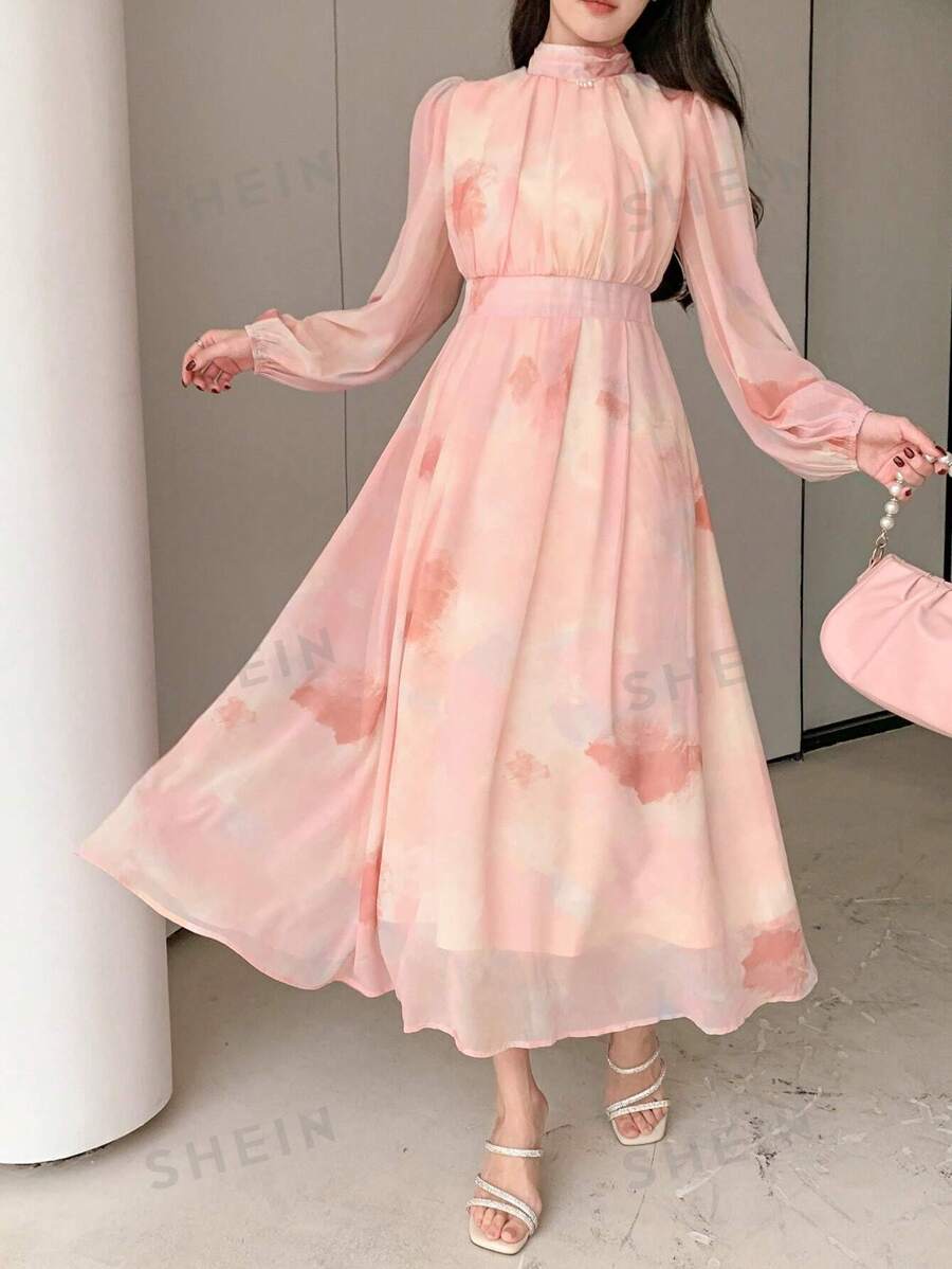 DAZY Vestido midi con estampado floral oversize para mujer, vestido de manga larga para vacaciones