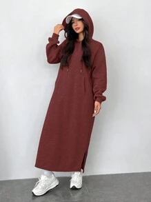 SHEIN EZwear Vestido casual con capucha y bolsillos para mujer talla grande, vestido sudadera de manga larga con corte holgado y detalle de abertura, apropiado para uso diario, otoño/invierno