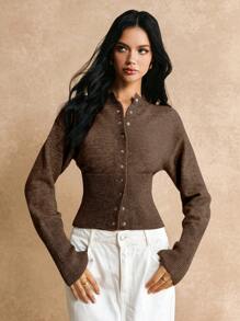 Poéselle كارديجان قصير رفيع الأكمام الطويلة بأزرار أمامية لون سادة بسيط كاجوال مصنوع من الصوف، كنزة صوفية نسائية، سترات نسائية شتوية، ملابس نسائية للخريف - قهوة بني - مشاهدة 7