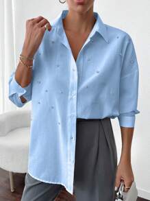 EURMUSE Women's Stylish Rhinestone Embellished Drop Shoulder Shirt - Blue - View 6