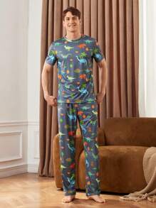 Happy Jammies Conjunto de pijama para hombres con camiseta de cuello redondo de manga corta y pantalones con estampado animal
