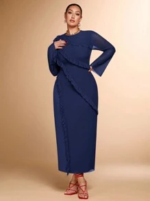 SHEIN BAE 大码女式圆领长袖网眼紧身连衣裙，适合鸡尾酒会、浪漫约会、婚礼、伴娘、晚宴、万圣节、圣诞节、秋冬 - 藏蓝色 - 查看 8