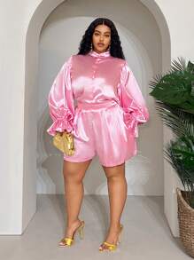 Slaydiva Conjunto informal de 2 piezas de top de manga larga con cuello alto y shorts de unicolor en talla grande