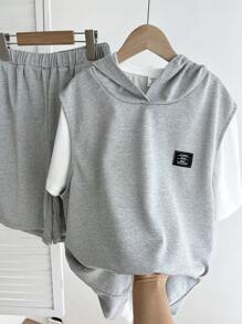 SHEIN Sparklyn 2pcs/Set Teen Boy Sleeveless Minimalist Logo Shirt And Shorts Set - Multicolor - View 7