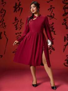 SHEIN Unity Plus Size Retro Chinese Style Red Qipao Dress For Chinese New Year Fall Cloth For Women - Red - View 3