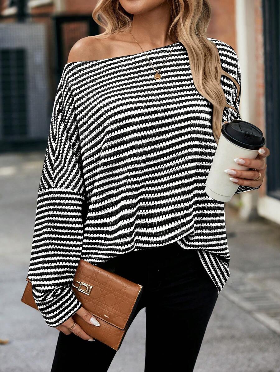 SHEIN LUNE Women's Waffle Knit Batwing Open Shoulder Loose T-Shirt, Green, Autumn Graphic Tees Women Tops Fall Cloth For Women - Black - View 1