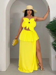 Slaydiva Yr New 2025 Curve Plus Size Women's Romantic Vacation Set: Ruched 3D Floral Camisole Top And A-Line Skirt - 2pcs Maxi Dress Spring/Summer - Yellow - View 4