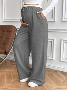 SHEIN Maternity Elastic Waist Drawstring Pocket Wide Leg Loose Casual Pants - Dark Grey - View 1