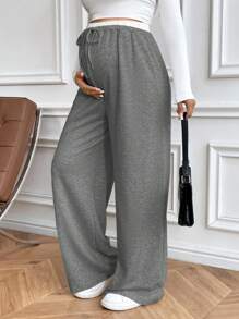 SHEIN Maternity Elastic Waist Drawstring Pocket Wide Leg Loose Casual Pants - Dark Grey - View 4
