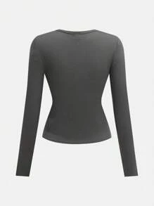 SHEIN Girlism 2 Pcs/Set Teen Girls Ribbed Long Sleeve T-Shirt And Camo Cargo Pants Set - Collegiate, Athleisure, Casual, Vintage/Boho, Fold Over - Grey - View 7