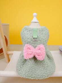 PETSIN 粉色蝴蝶结蓬松宠物连衣裙，可爱又温暖，秋冬款，带牵引绳 - 綠色 - 查看 4