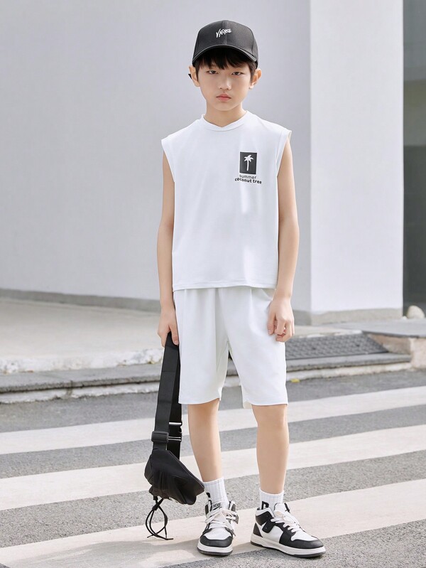 2pcs Set: Summer New Arrivals Sleeveless Street Style Graphic T-Shirt & Sports Shorts For Teenage Boys, Loose Fit Tank Top & Casual Shorts Set Suitable For Sports, Traveling, Street Style, Fitness Training, Summer Season