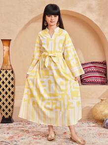 SHEIN Tween 女童宽松休闲立领几何图案长袖中长连衣裙 - 白色 - 查看 6