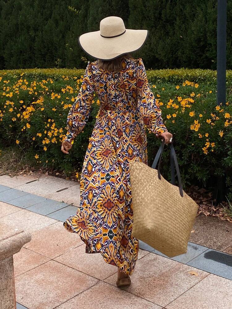 Full Ditsy Floral Long Sleeve Slit Summer Dress, Bohemian Style Women's Long Dress,Fall Clothes