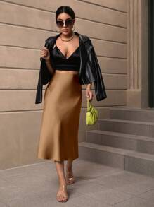 SHEIN PETITE CURVE 大码纯色简约 A 字裙，休闲日常穿着 - 棕色 - 查看 6