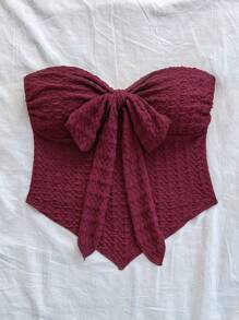 Soleia Casual Tie-Up Asymmetrical Fitted Bustier Top - Burgundy - View 4