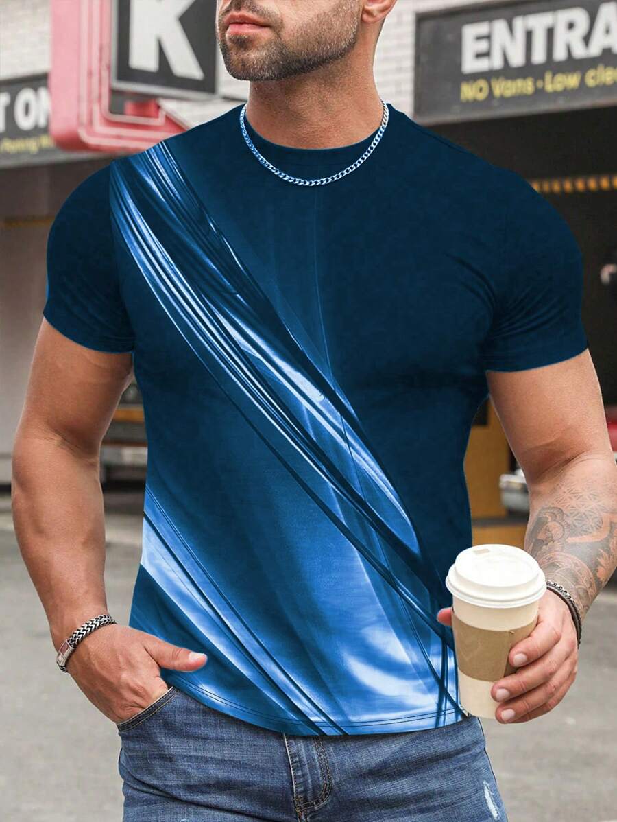 Manfinity Homme 男士圆领短袖印花简约 T 恤，休闲日常穿着 - 彩色 - 查看 1