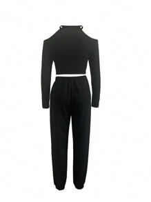 INAWLY 2pcs/Set Women Off Shoulder Long Sleeve Cropped T-Shirt And Pants Fall Cloth For Women - Black - View 2