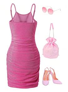 SHEIN Tween Girl Shiny Knit Bodycon Cami Dress, Ruched Cocktail Party Elegant Dress - Hot Pink - View 2