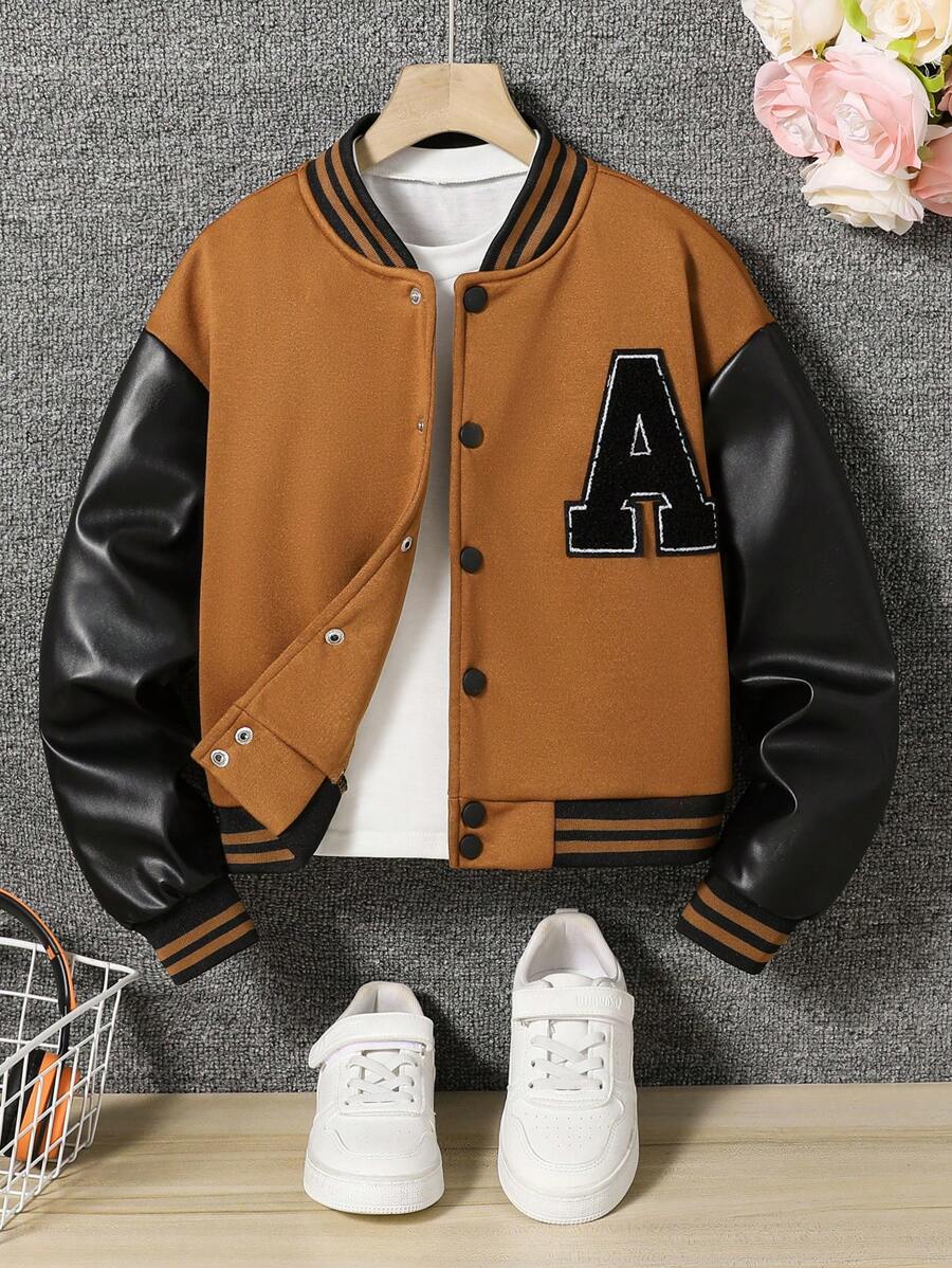 SHEIN Tween Girl Pink Letter Splicing PU Leather Long Sleeve Casual Baseball Jacket