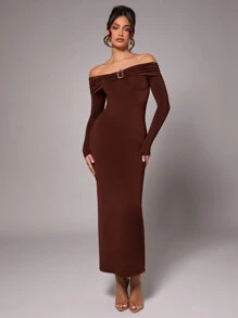 Silquee Vestido de fiesta elegante de hombros descubiertos midi para mujer, de manga larga, con decoración de hebilla metálica, color rojo vino y rojo tornasol, hecho de tela de punto elástica, adecuado para fiestas de cóctel, citas románticas, uso como capa en otoño/invierno, invitada de boda, dama de honor, fiesta formal, Halloween, Navidad - Café integral - Ver 3