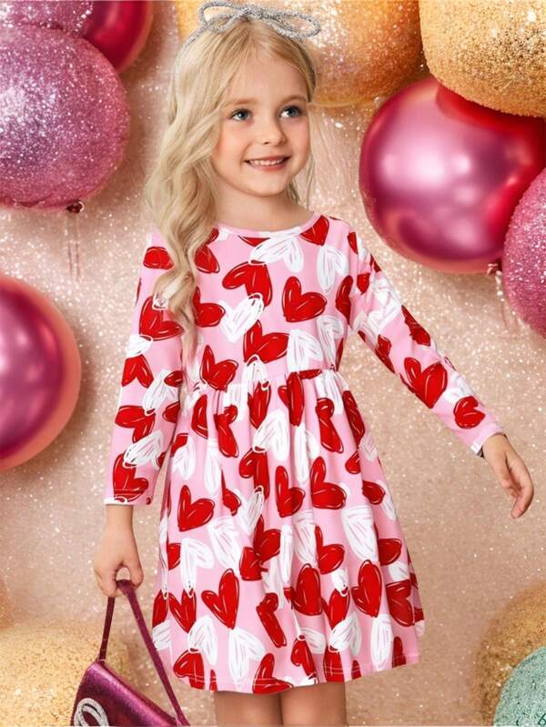SHEIN 1pc Girls Young Girl Fashion Heart Print Long Sleeve Round Neck A-Line Elastic Waist Fitted Dress, Suitable For Valentine's Day Party, Spring/Autumn