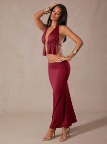 Hauture 2pcs/Set Women Solid Color Halter Neck Backless Top And Skirt Set - Burgundy - View 4