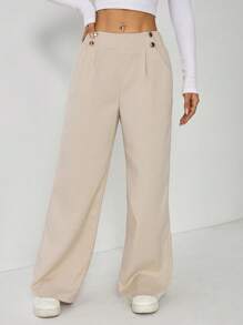 SHEIN PETITE Women's Elegant Double Button Straight Office Pants - Apricot - View 5