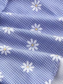 SHEIN MOD 女式蓝白格子纸袋腰荷叶边下摆迷你裙，春季上衣，度假女士，外出女士，音乐会女士，女士西式服装，茶会 - 藍白色 - 查看 3