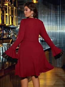 Celure Vestido de cuello cuadrado con encaje y mangas acampanadas, color rojo, ideal para el Día de San Valentín y el Año Nuevo
