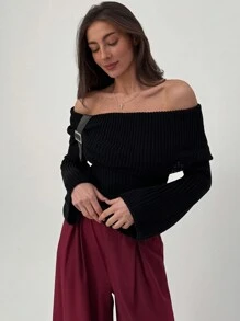 Aloruh Women's Off-Shoulder Long Sleeve Fitted Warm Leather Button Stylish Sweater, Autumn/Winter