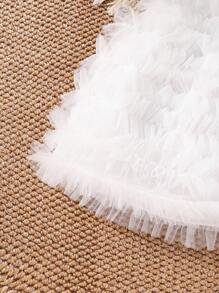 SHEIN Baby Girl Cute Summer White And Black Textured Sleeveless Bow Multi-Layer Tulle Tutu Princess Dress,Elegant Party Flower Girl Birthday Outfit - White - View 4