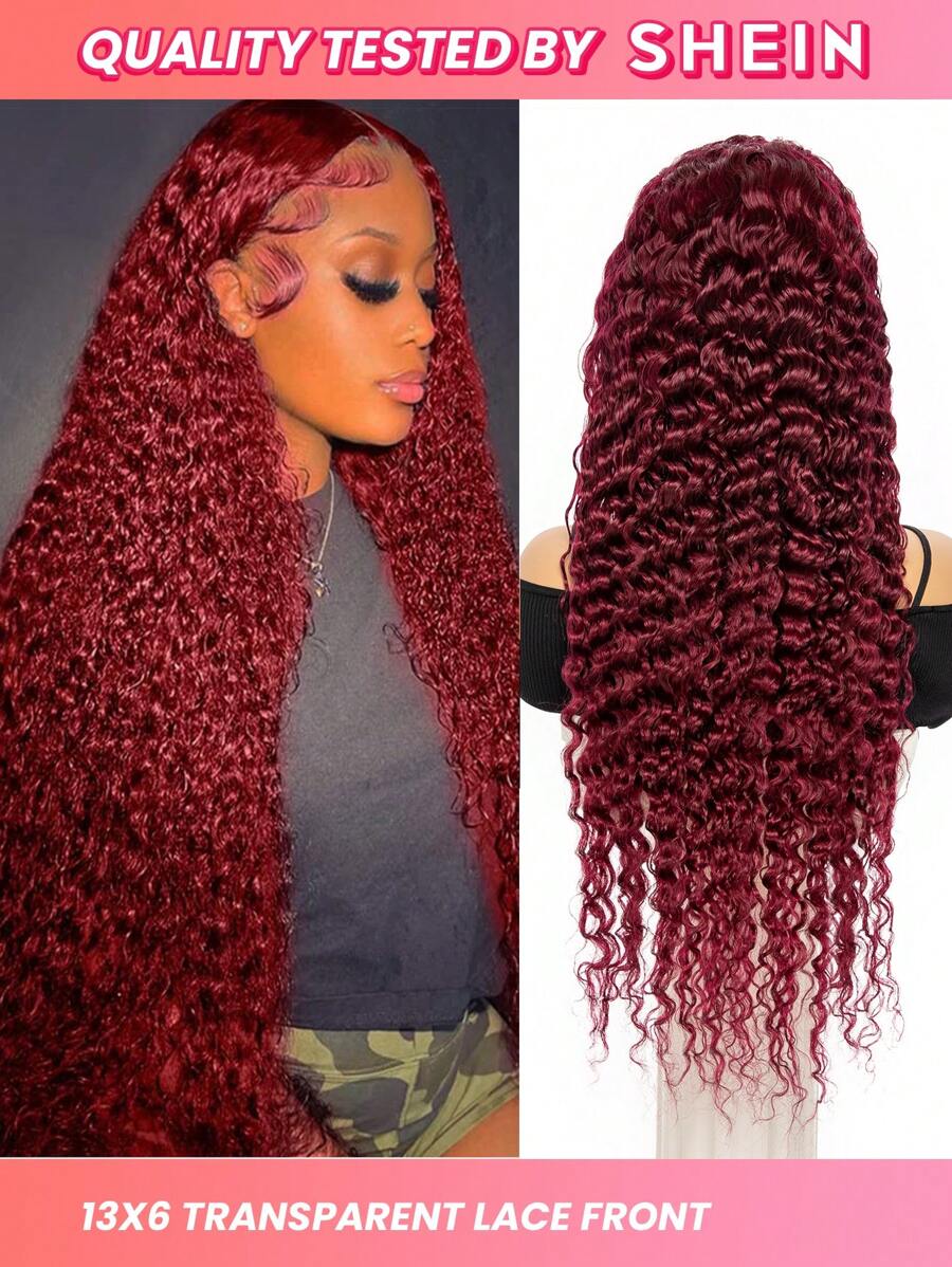 13*6 透明蕾絲前假髮 18-30 英寸酒紅色深波浪人髮假髮帶嬰兒頭髮預拔女式 - SBUGA - 查看 1
