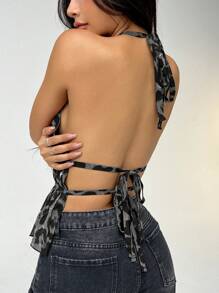 Muchica Women's Y2K Waist Ruched Fashionable Halter Neck Leopard Print Tank Top - Grey - View 2