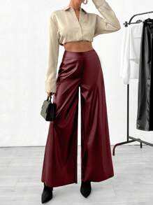 RueChic Side Zipper Detailed Slant Pockets Straight Fit Leather Pant - Burgundy - View 1