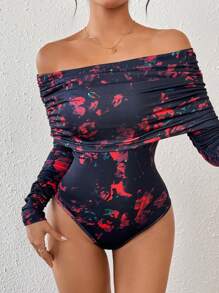 Chiquease Valentine's Day Women Ruched Off-Shoulder Rose Floral Print Bodycon Long Sleeve Bodysuit - Multicolor - View 3