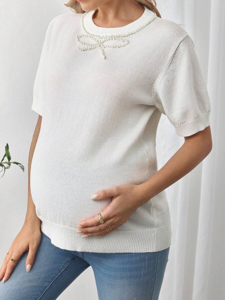 SHEIN 1pc Pregnant Women Solid Color Faux Pearl Decor Casual Pullover Sweater, Simple & Fashionable For Everyday Wear - White - View 1
