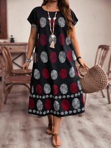 EMERY ROSE Plus Size Women's Vacation Style Printed Batwing Sleeve Maxi Country Festival Outfits Dress,Vacation Outfits Woman,Boho For Women,Summer Outfits For Women/Summer